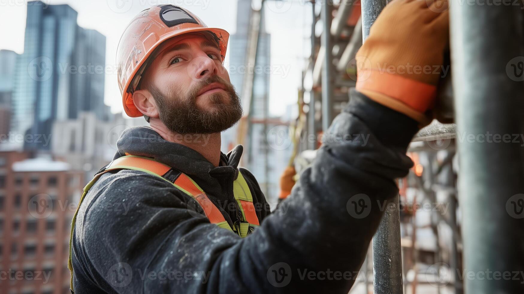 Construction worker in urban setting performing maintenance on scaffolding at a building site during daylight hours photo