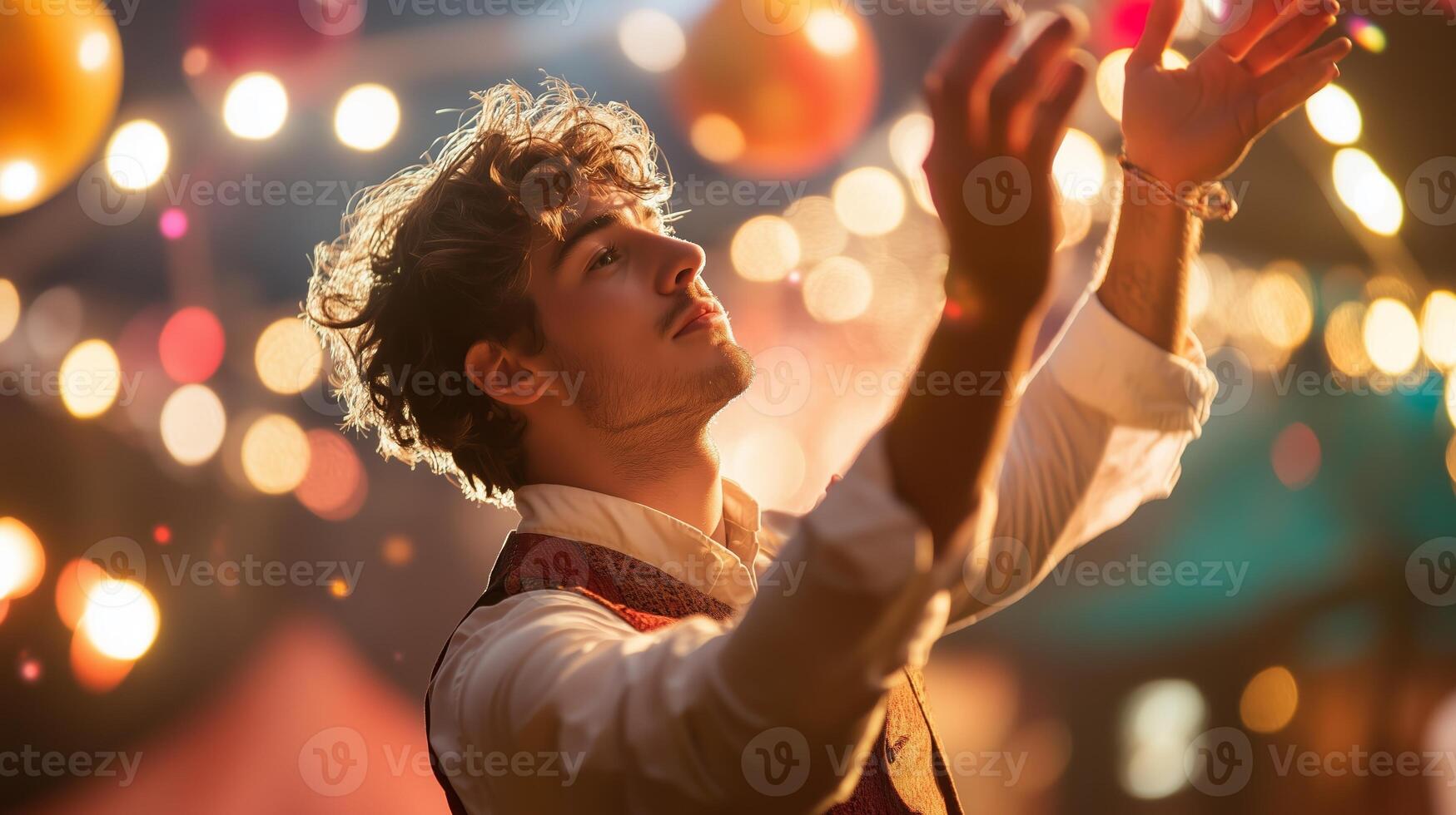 Young man performing with illuminated decorations during a festive evening celebration under glowing lights photo
