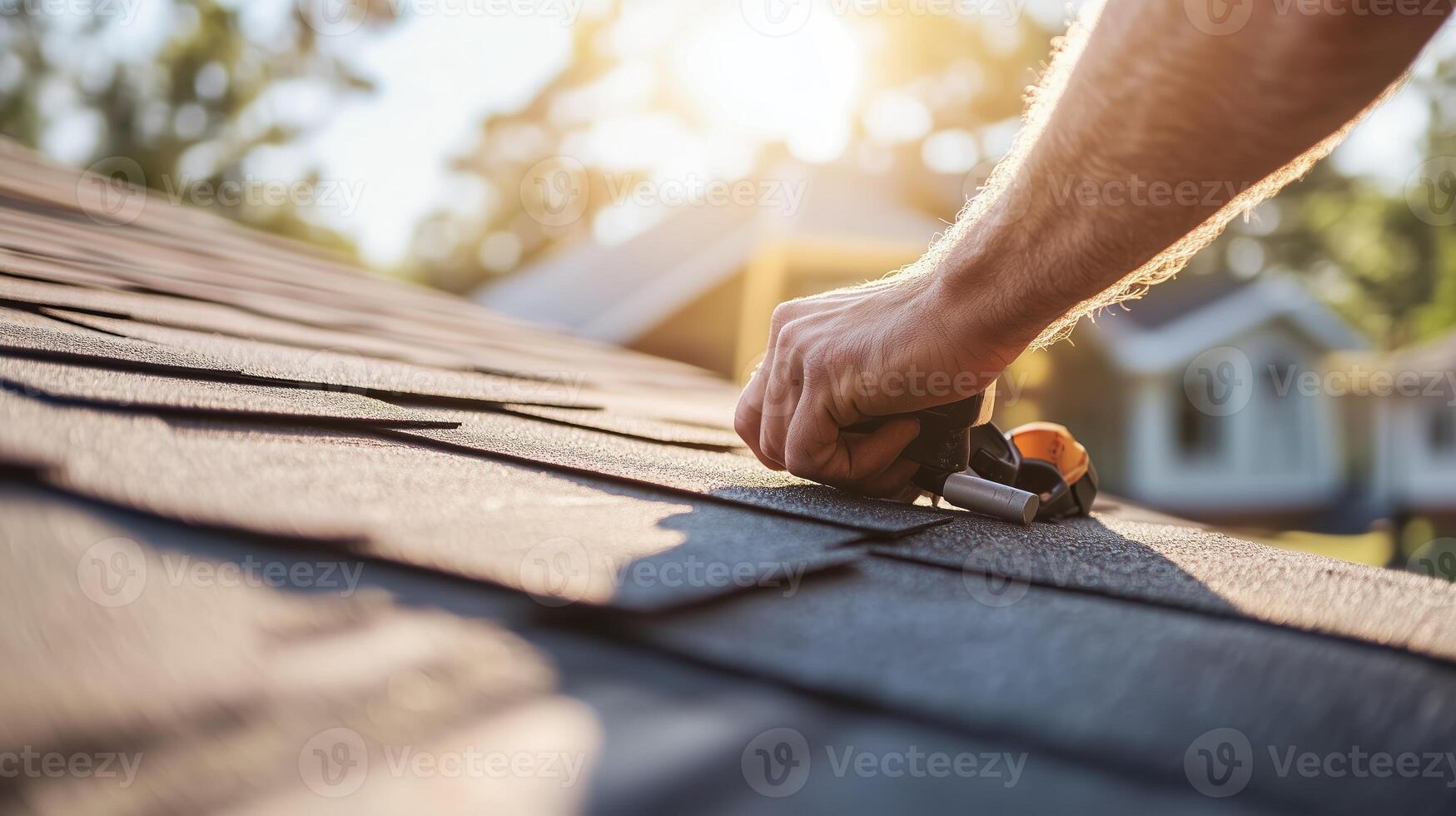 Construction worker repairs roof during sunny afternoon in residential area photo