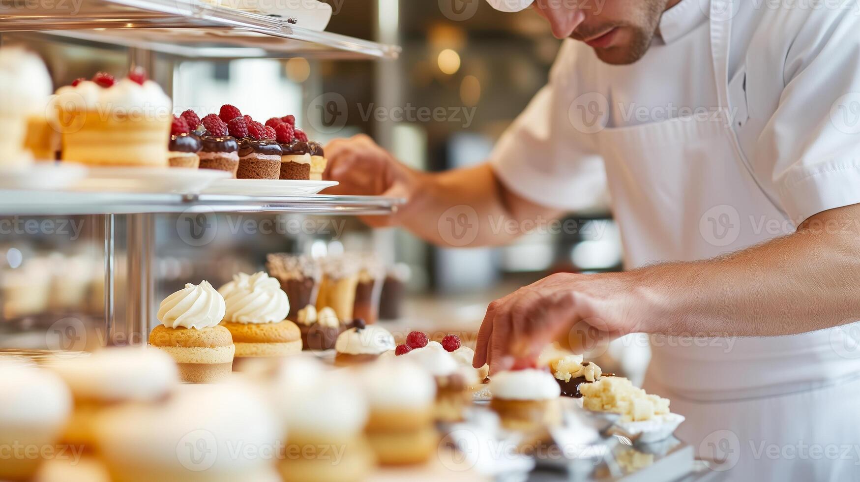 Pastry chef arranging an array of desserts in a bakery during the morning, showcasing creativity and skill in dessert presentation photo