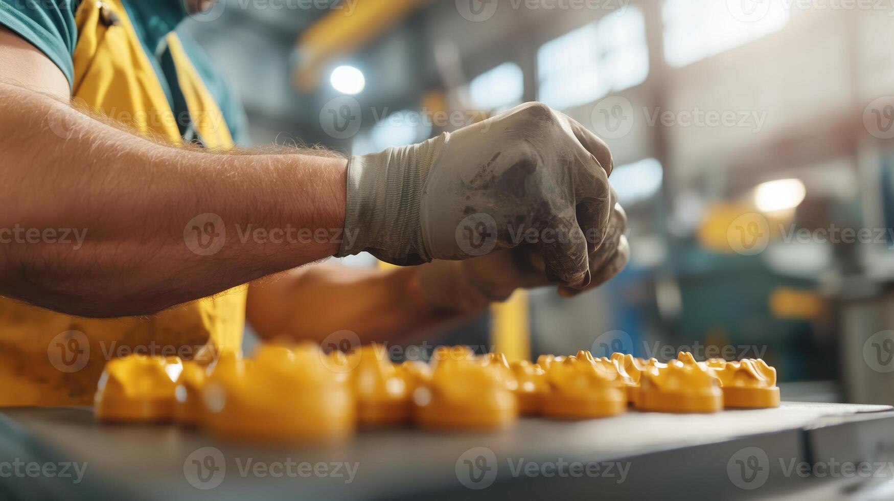 Worker assembling yellow components in a manufacturing facility during daylight hours photo