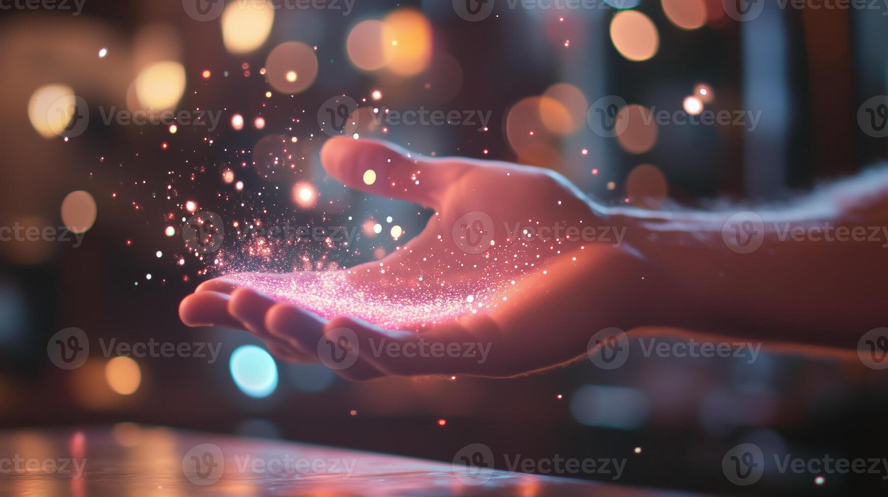 Magic sparkles emanate from an open hand captured in a dimly lit atmosphere with bokeh background lights photo