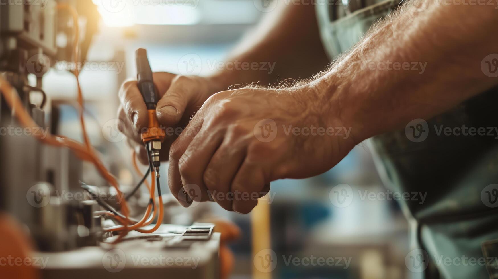 Skilled technician works on electrical wiring in an industrial setting during the daytime photo