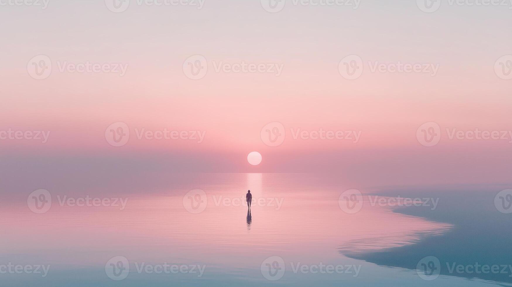 Calm sunset at the ocean with a solitary figure walking along the shore in soft hues of pink and orange during twilight photo