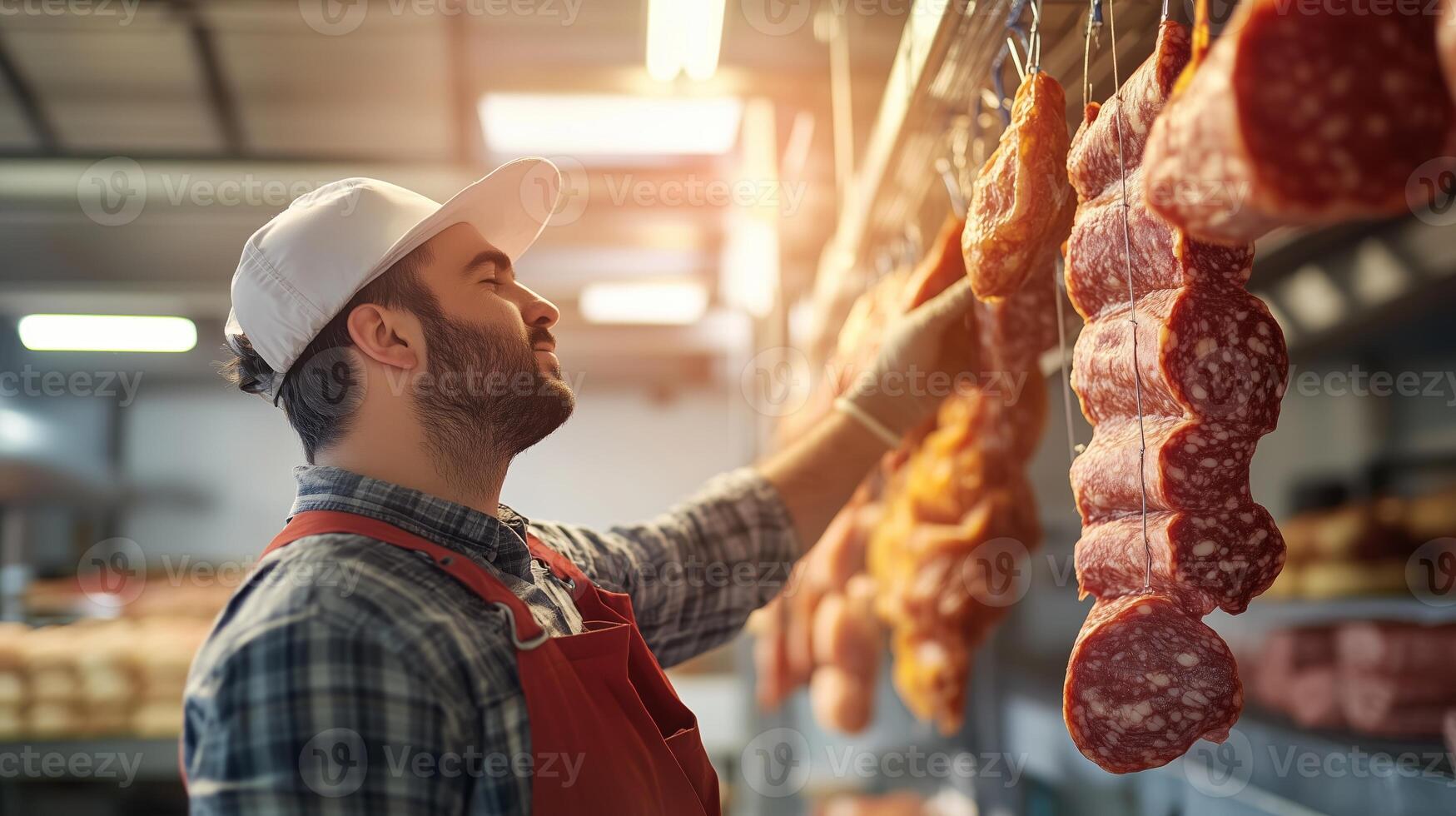 Butcher arranging cured meats in a local market in the afternoon photo