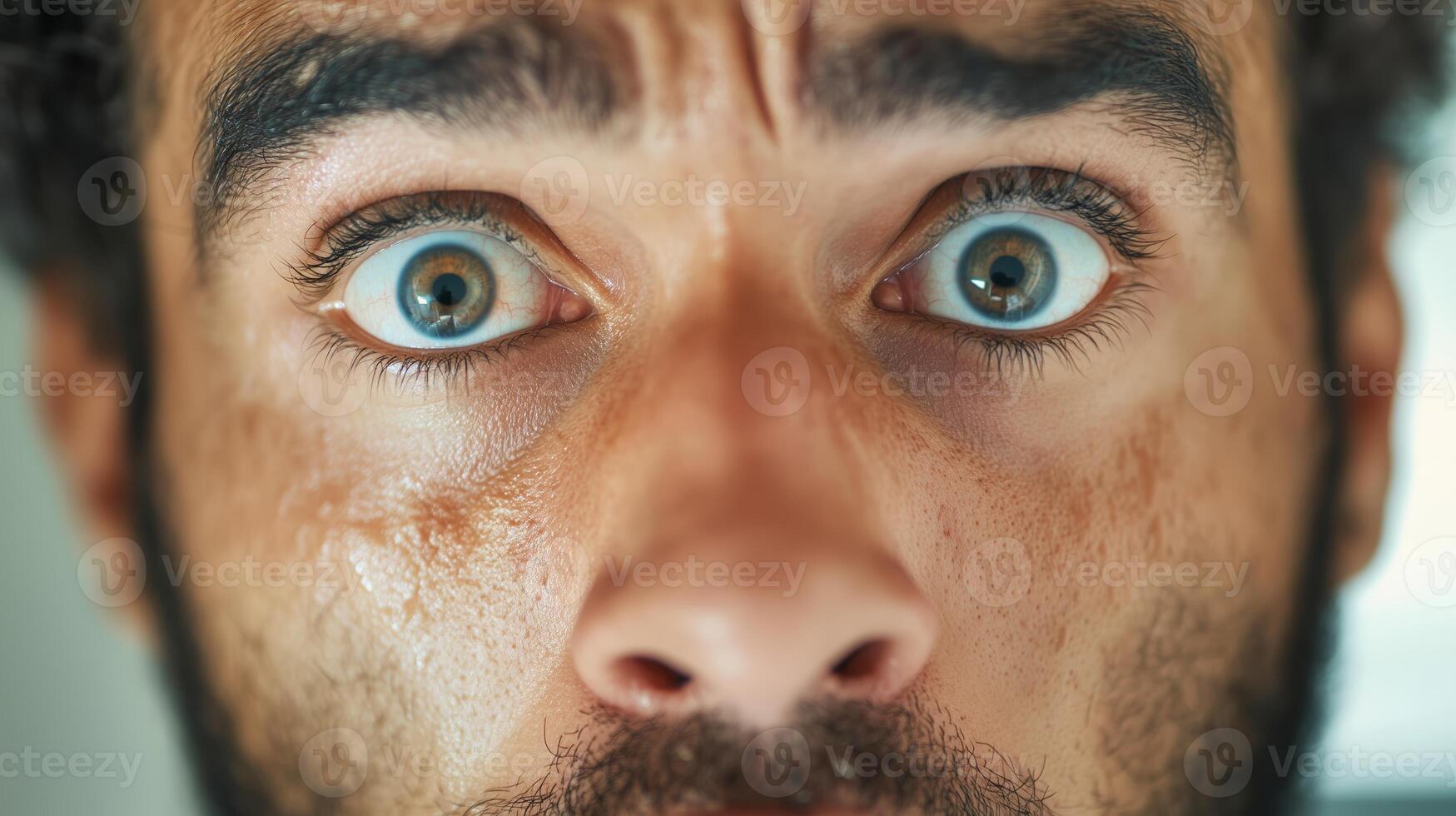 Close-up of a man with intense expression and striking blue eyes in a well-lit environment photo