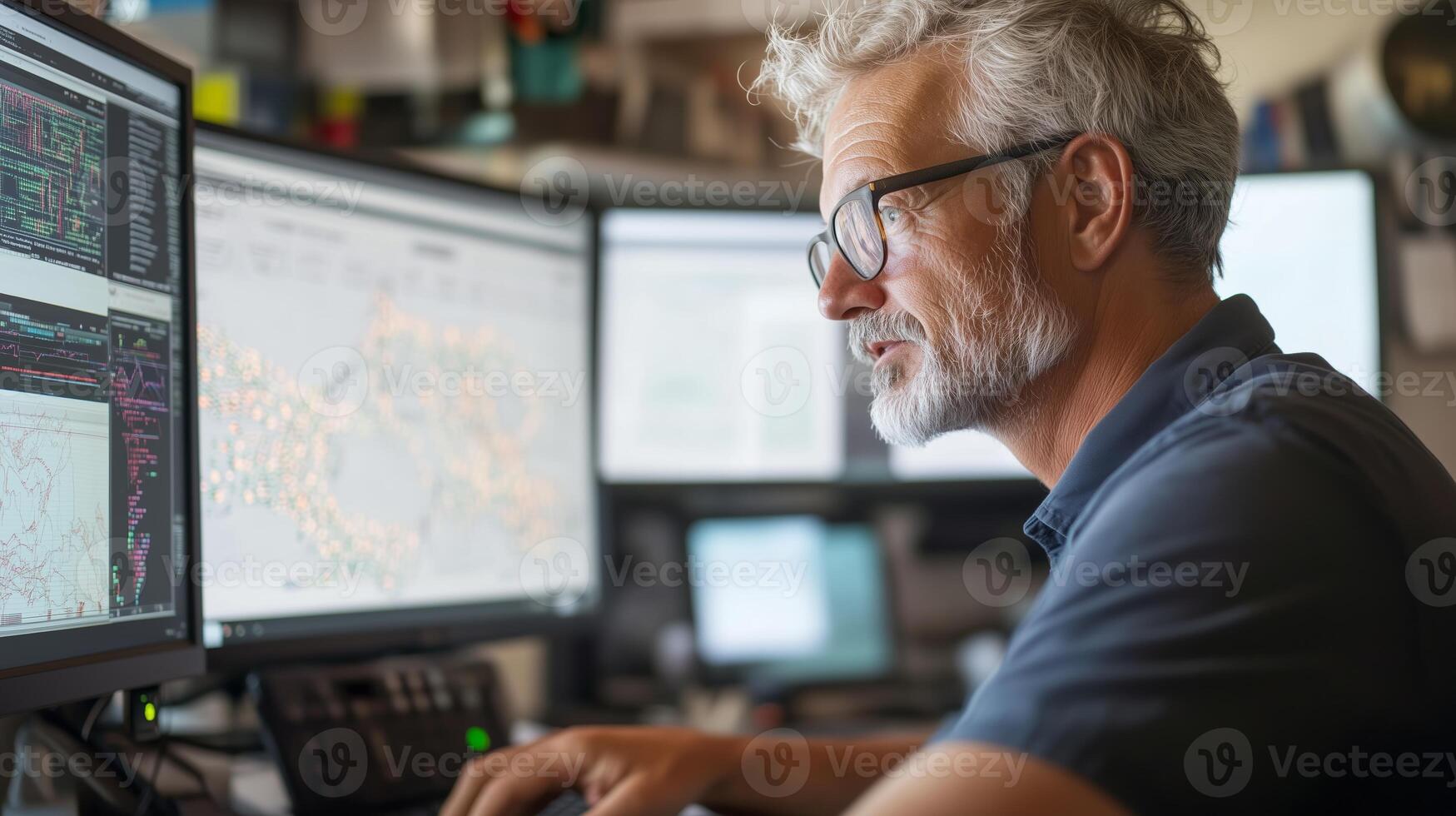 Expert in technology analyzes data on multiple computer screens in a modern office environment during daytime hours photo