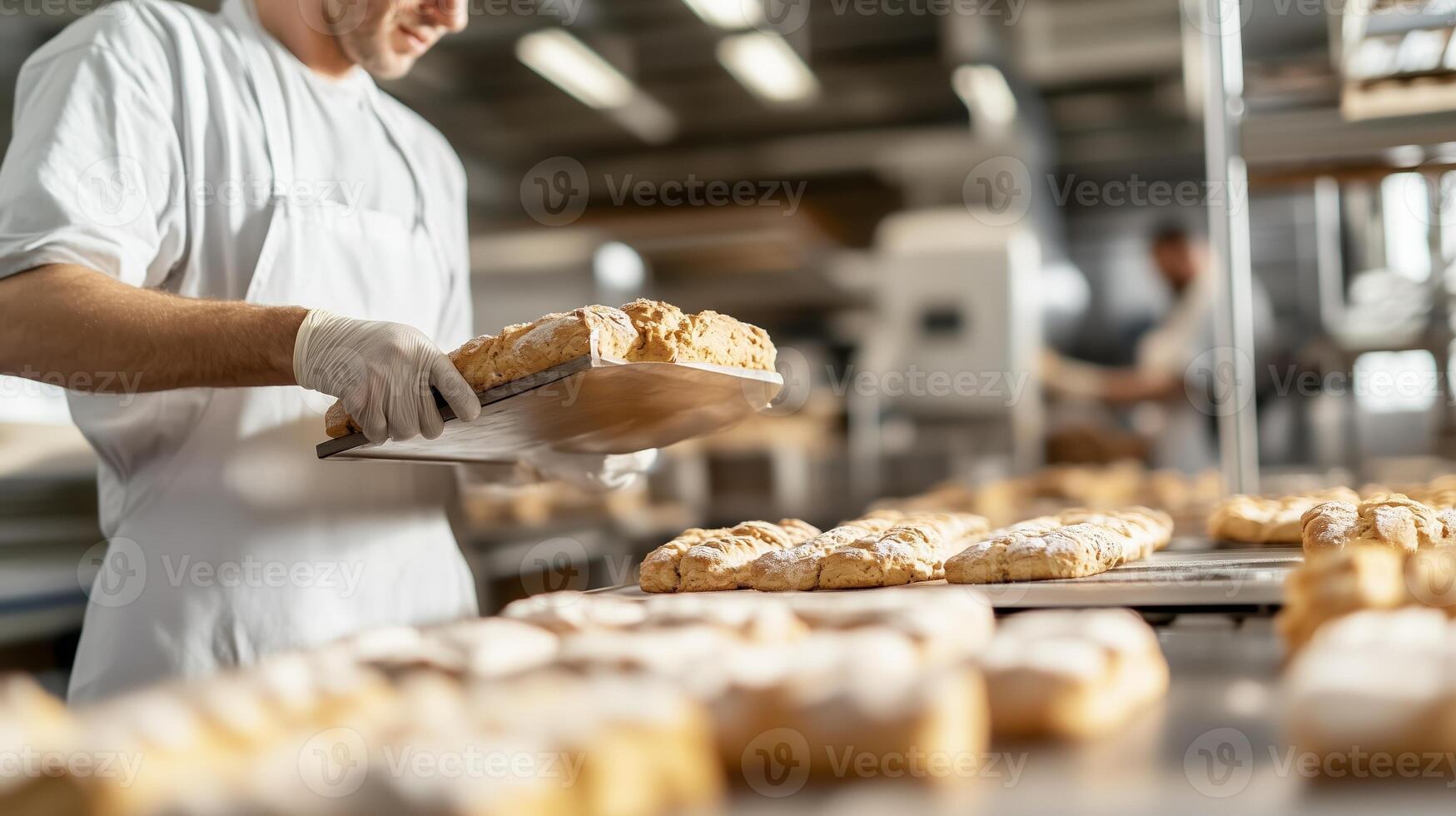 Baker placing freshly baked pastries on cooling trays in a busy bakery during daytime photo