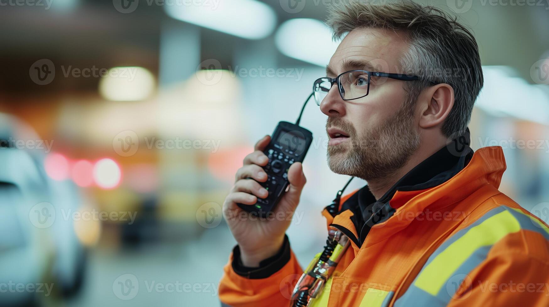 Safety officer communicates with team in busy airport environment during evening hours photo