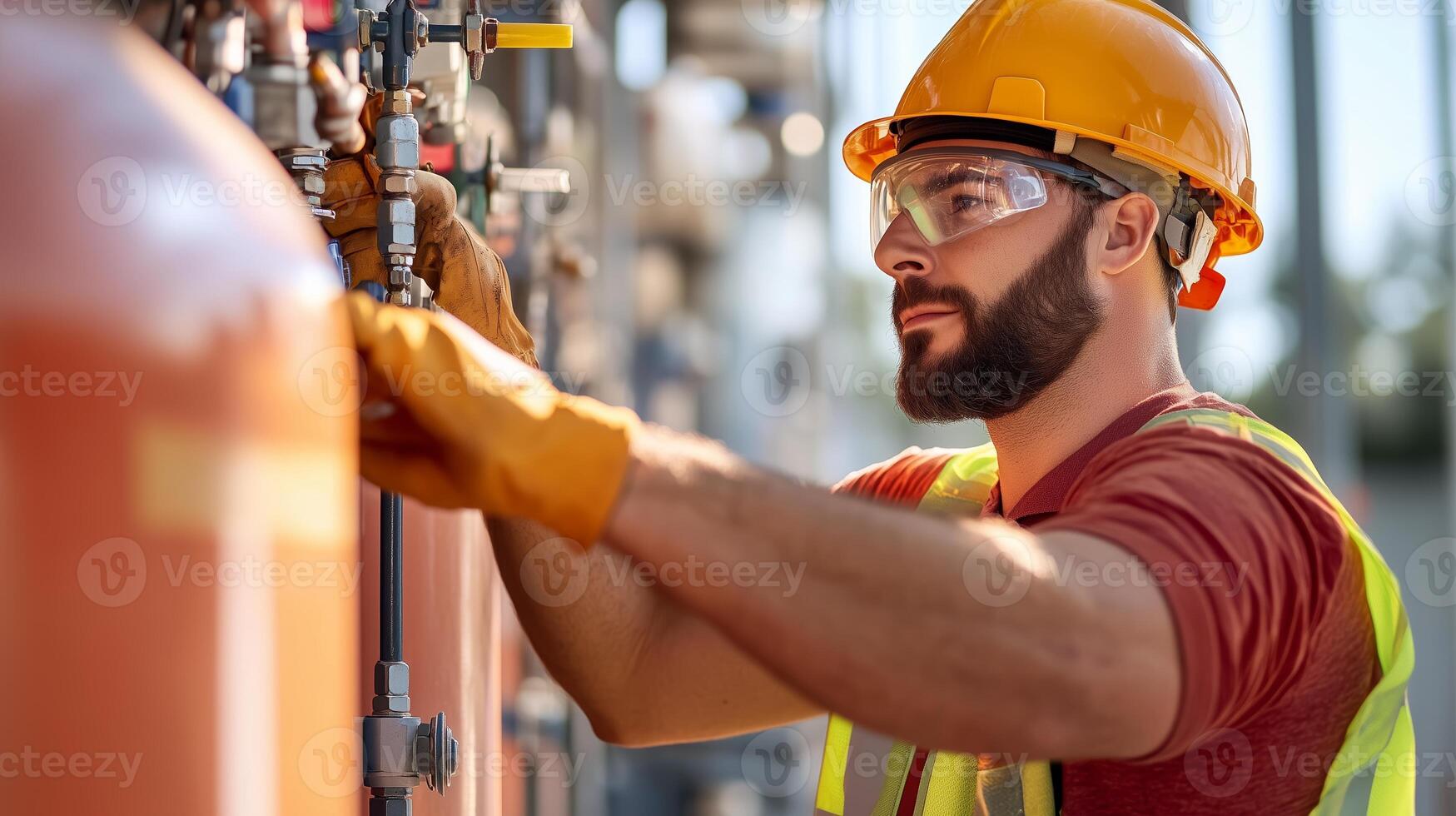 Skilled worker inspecting equipment in industrial setting during daylight hours photo