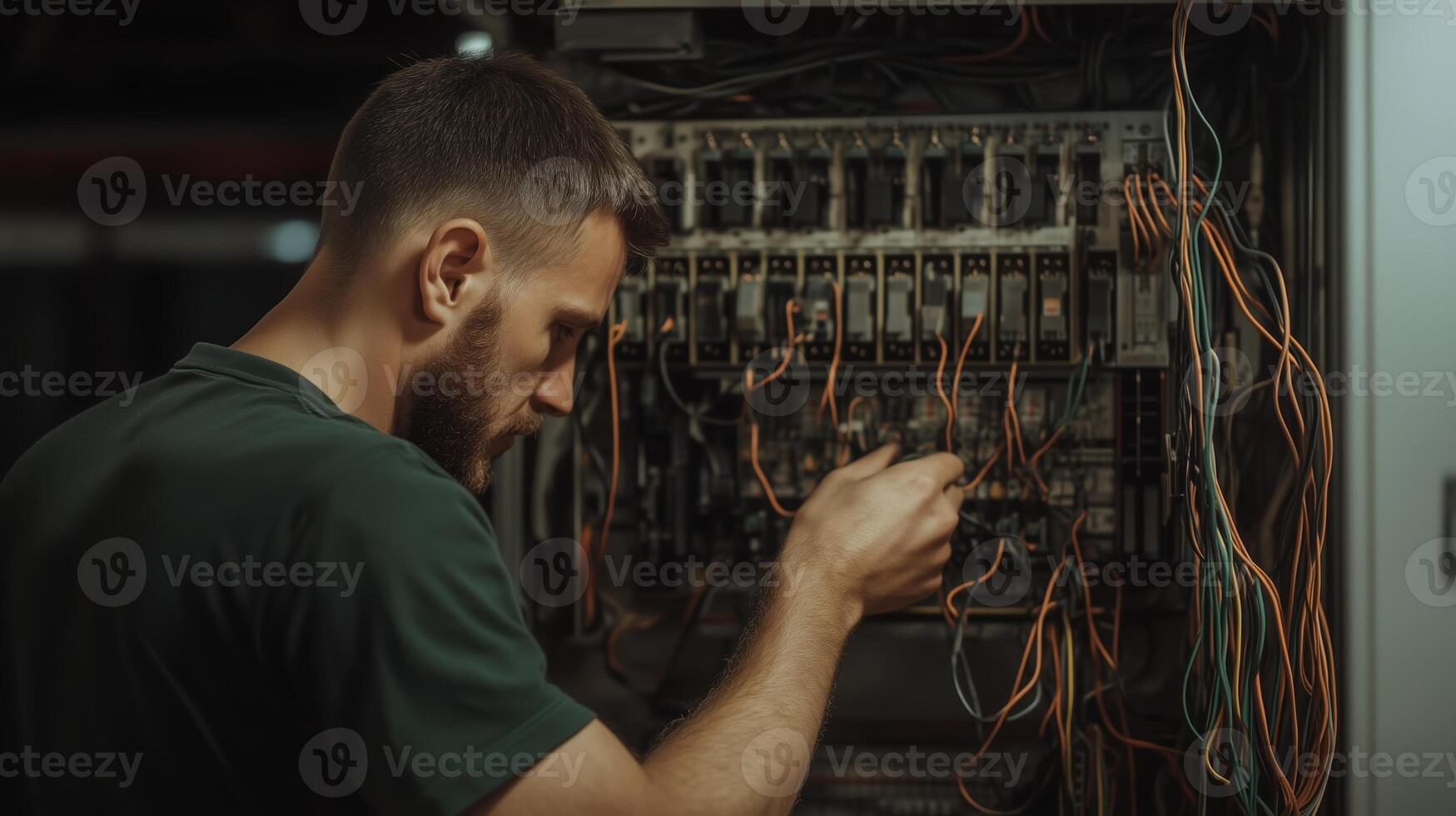 Technician working on electrical panel wiring at a facility during evening hours photo