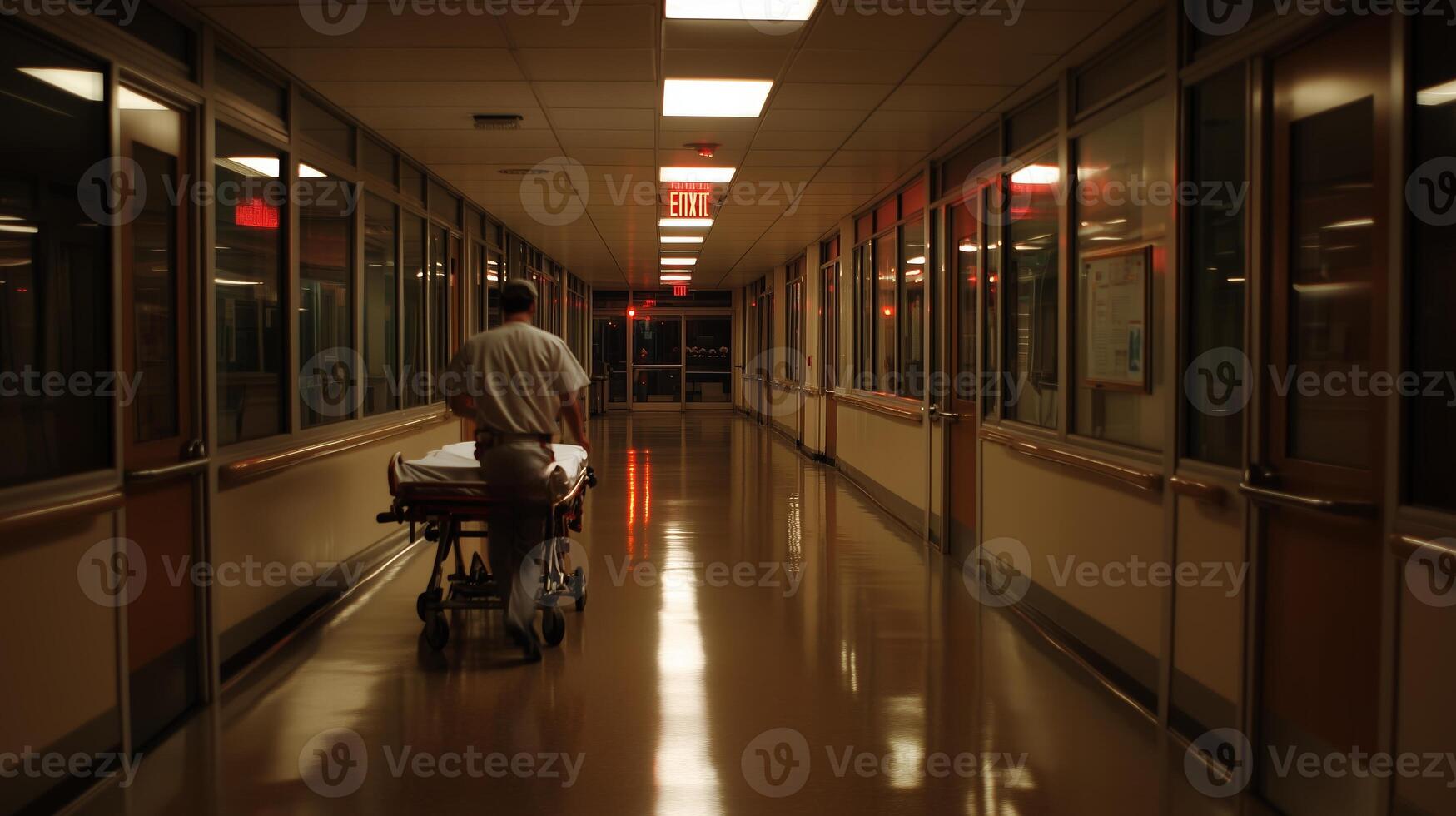 Nurse pushing a stretcher through an empty hospital corridor during nighttime photo