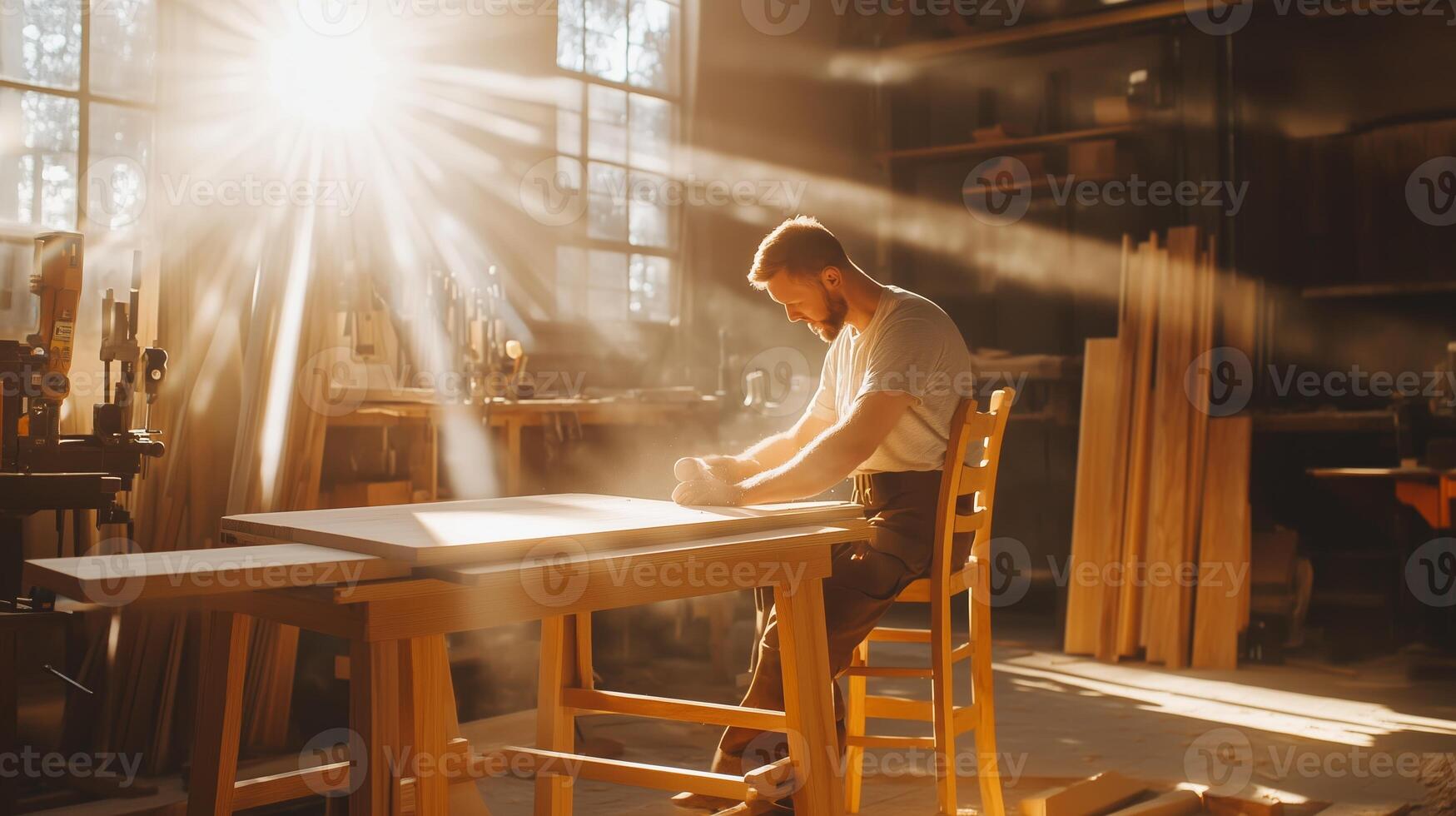 Skilled woodworker shaping a piece of timber in a sunlit workshop during the late afternoon photo