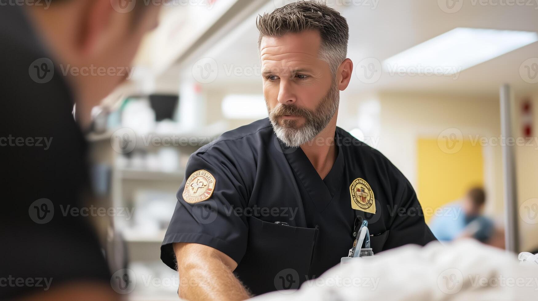 Medical professional assisting in a hospital during a busy shift with focus on patient care and teamwork photo