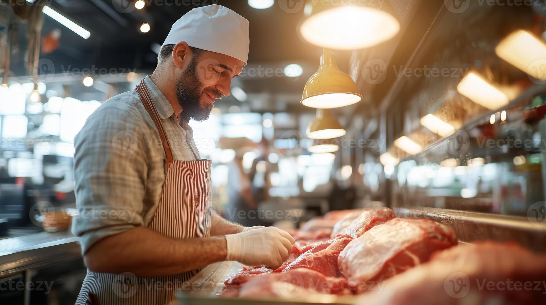 Butcher prepares fresh cuts of meat in a bustling market during a morning shift photo