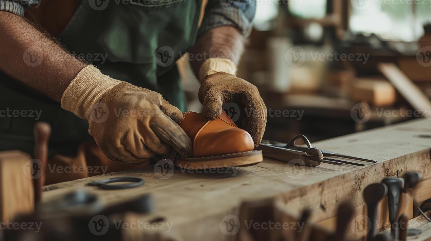 Craftsman meticulously restoring a leather shoe in a rustic workshop during the afternoon photo