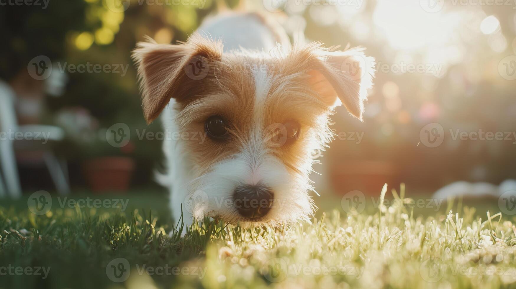 Playful dog exploring a sunny garden filled with vibrant greenery and warm light during golden hour photo