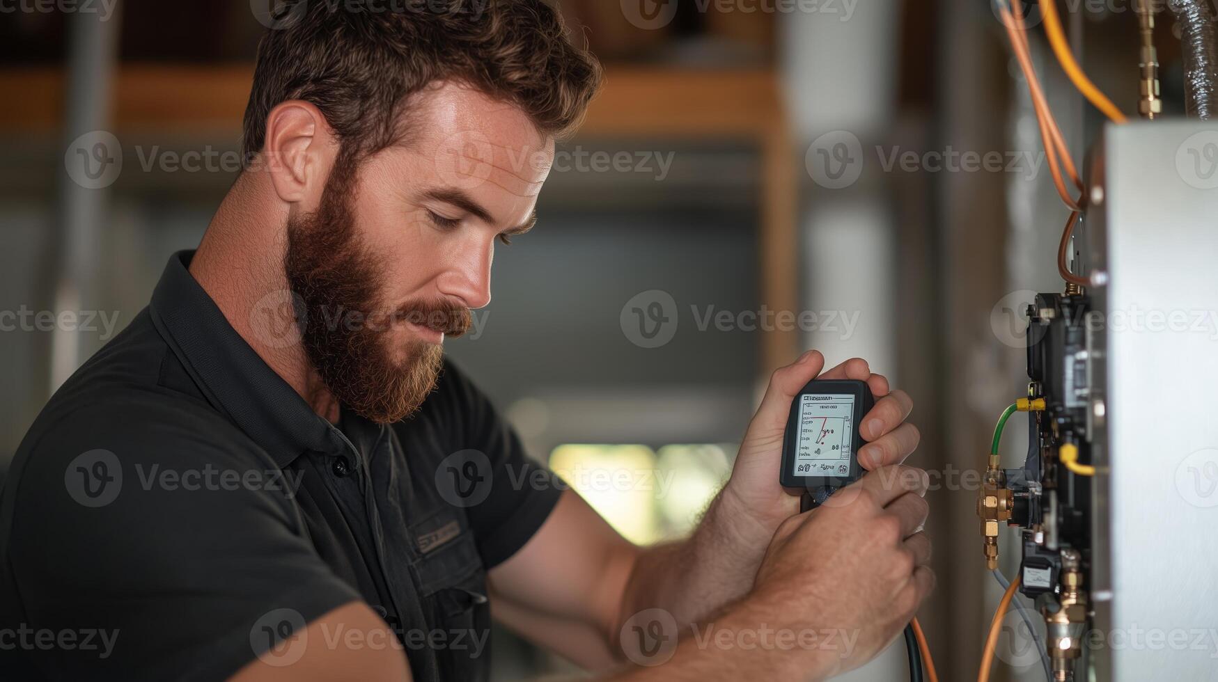 Skilled technician working on electrical equipment while consulting a digital monitor at a service site photo