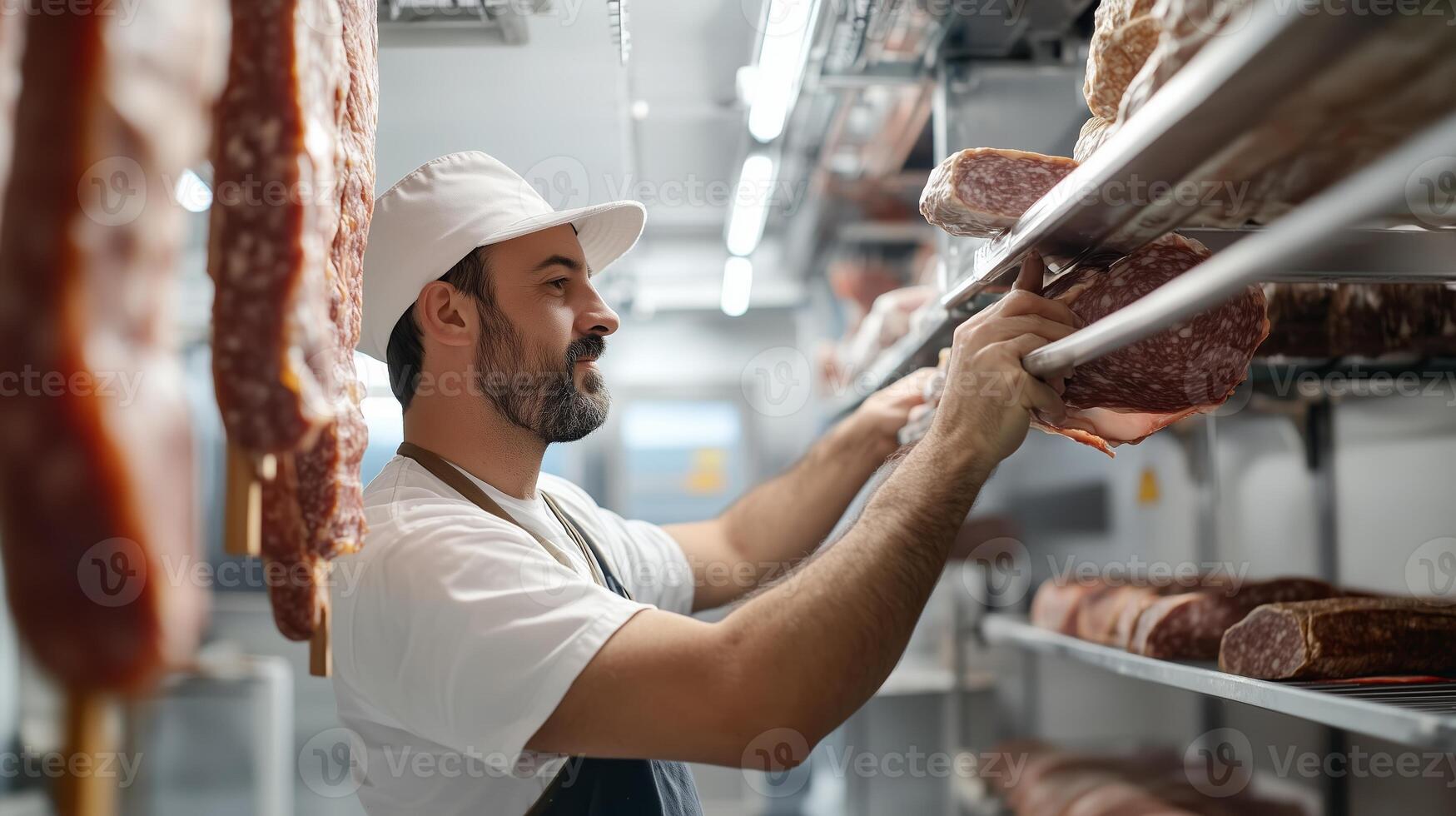 Butcher organizing fresh meat cuts in a modern cold storage facility during daylight hours photo