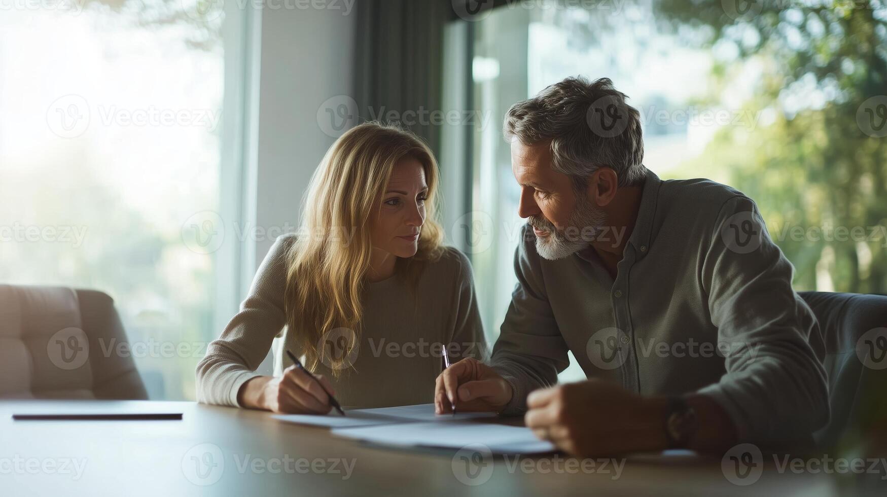 Discussion between a man and a woman in a modern office setting, focused on documents and ideas during daytime photo