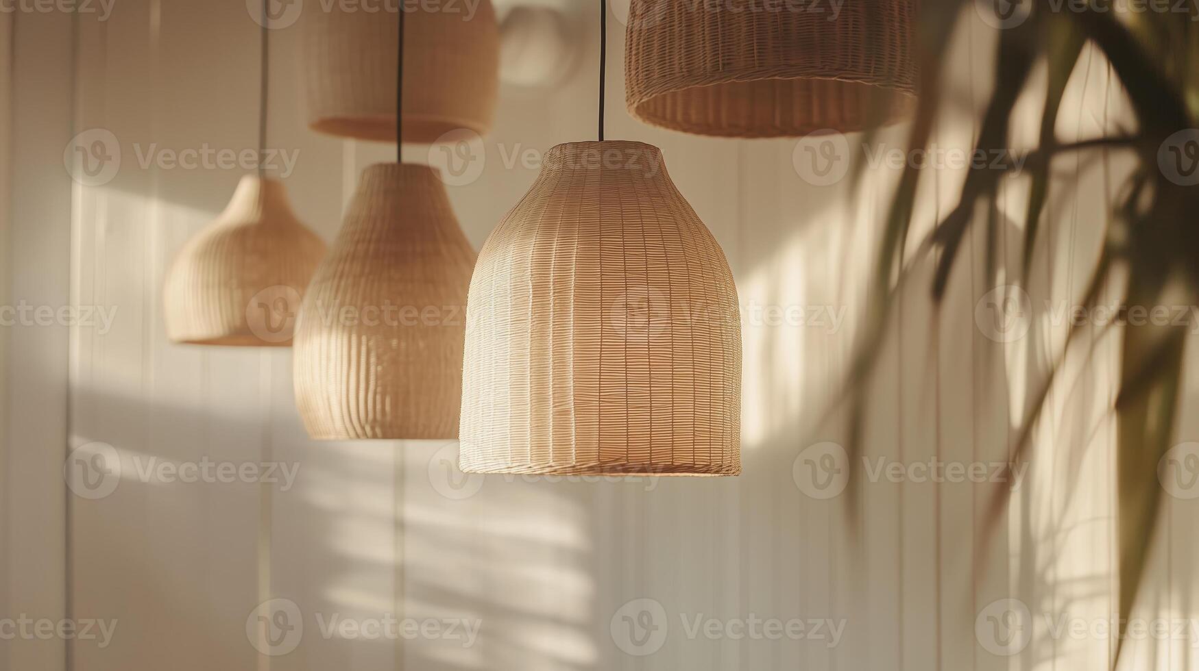 Warm, woven light fixtures hanging in a serene interior space during a bright afternoon photo