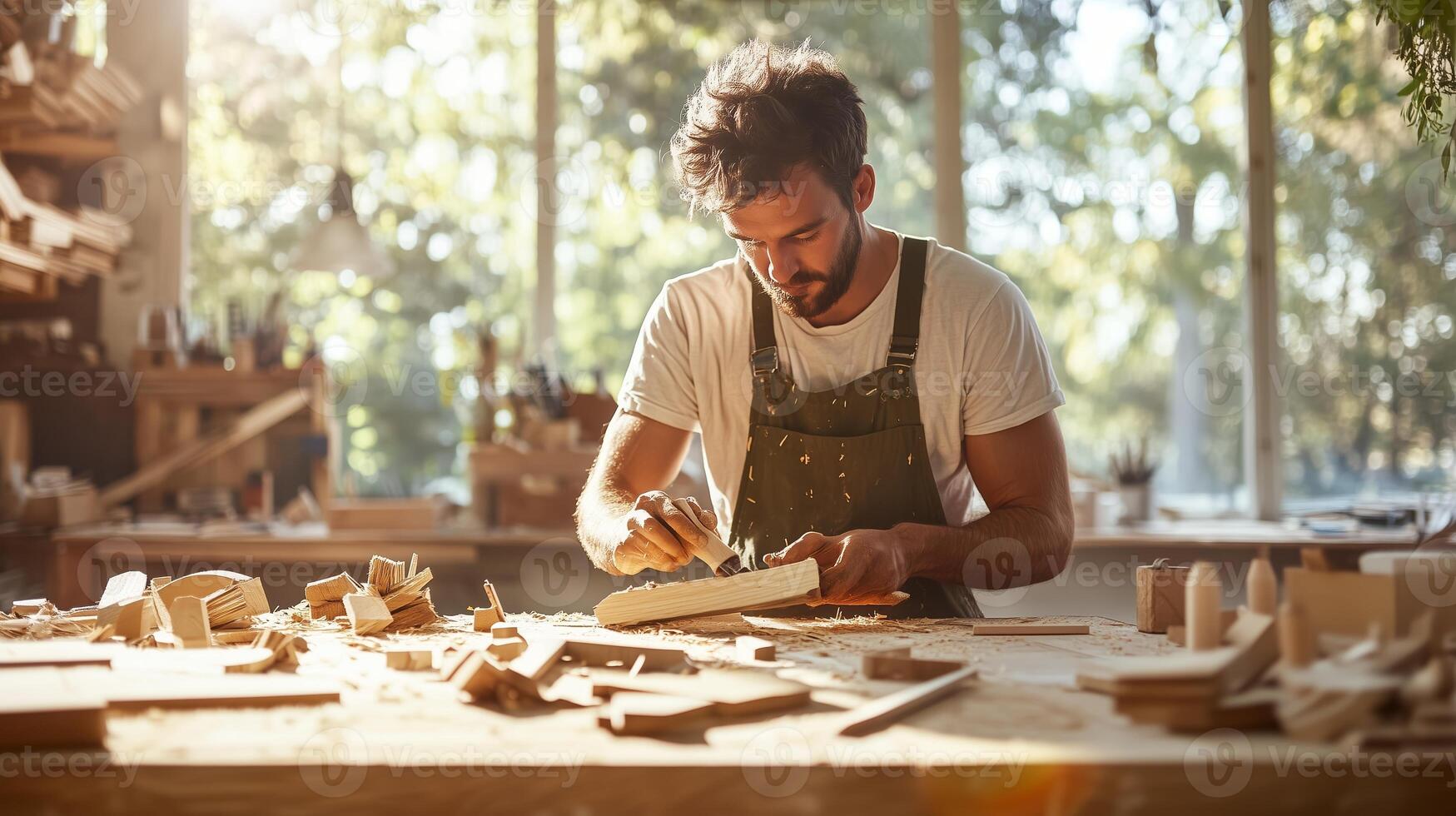 Craftsman carves wood in a sunlit workshop filled with tools and creations during the afternoon photo