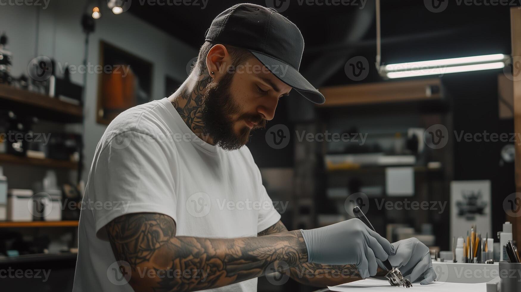 Tattoo artist creating intricate designs in a modern studio during an afternoon session photo