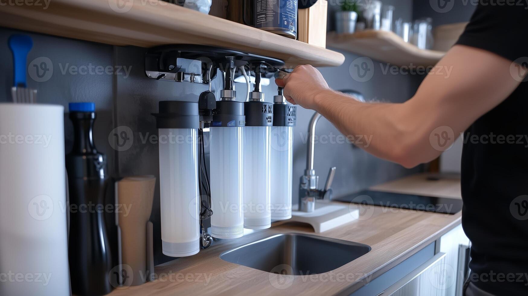 Beverage preparation area with multiple dispensers in a modern kitchen during daytime photo