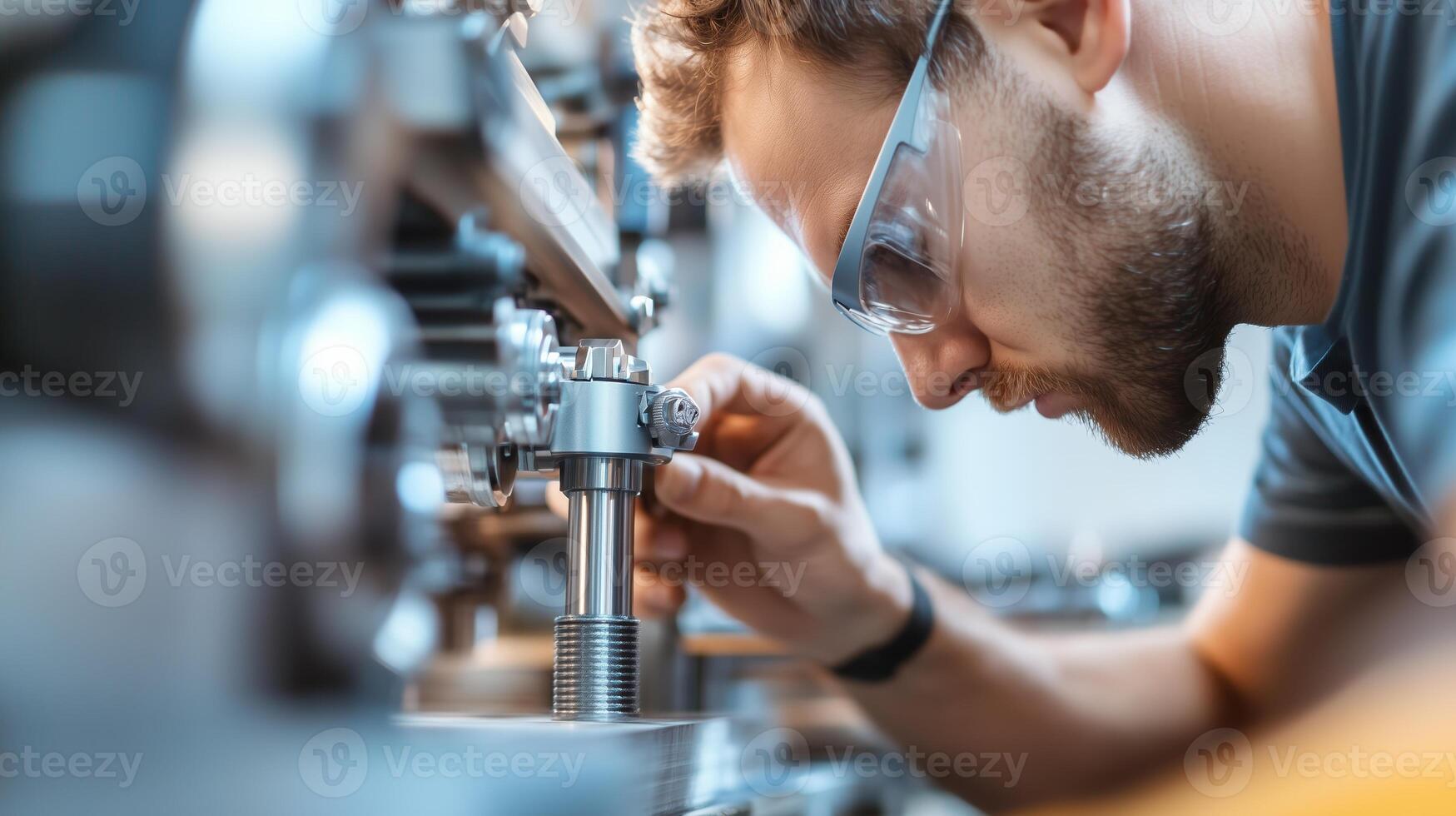 Focused technician working meticulously on machinery in a modern workshop during daytime photo