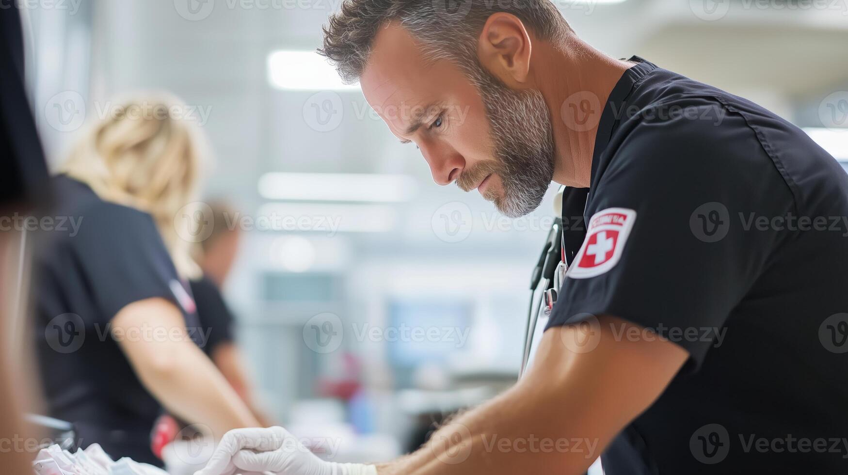 Medical professionals working diligently in a busy emergency room during a daytime shift photo