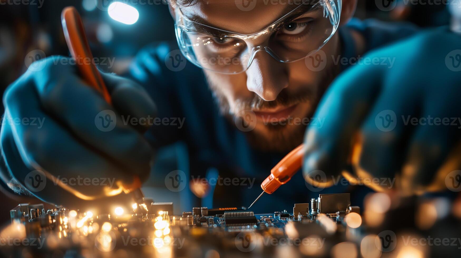 Technician repairs electronic circuits with precision in a dimly lit workshop during the evening photo