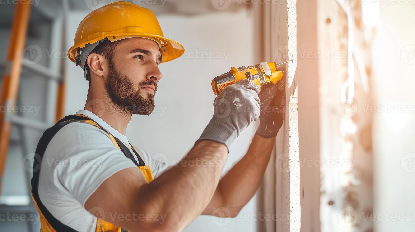 Man using a power drill to work on the interior of a building during renovation photo