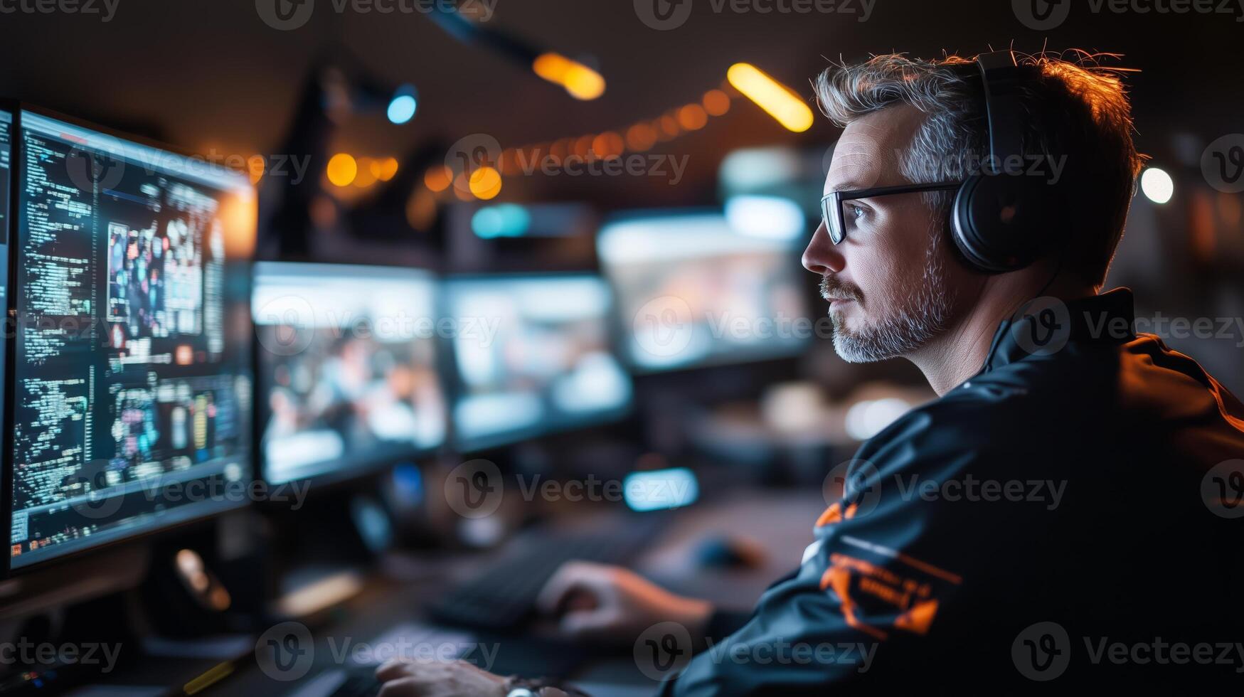 Person engaged in coding and programming in a dimly lit environment with multiple screens displaying data at night photo