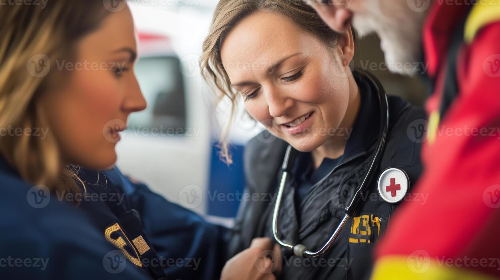 Healthcare professionals collaborate during a medical emergency response in a hospital setting in the afternoon photo