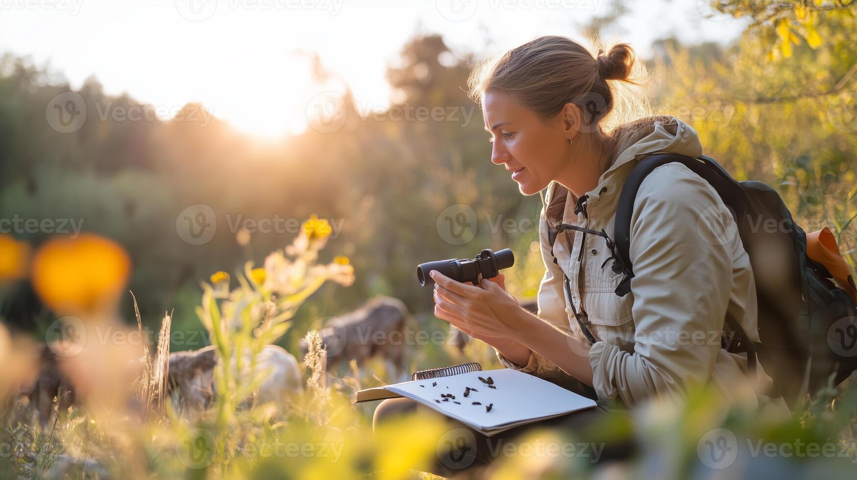 Nature enthusiast observes insects in a sunlit meadow during late afternoon in a tranquil outdoor setting photo