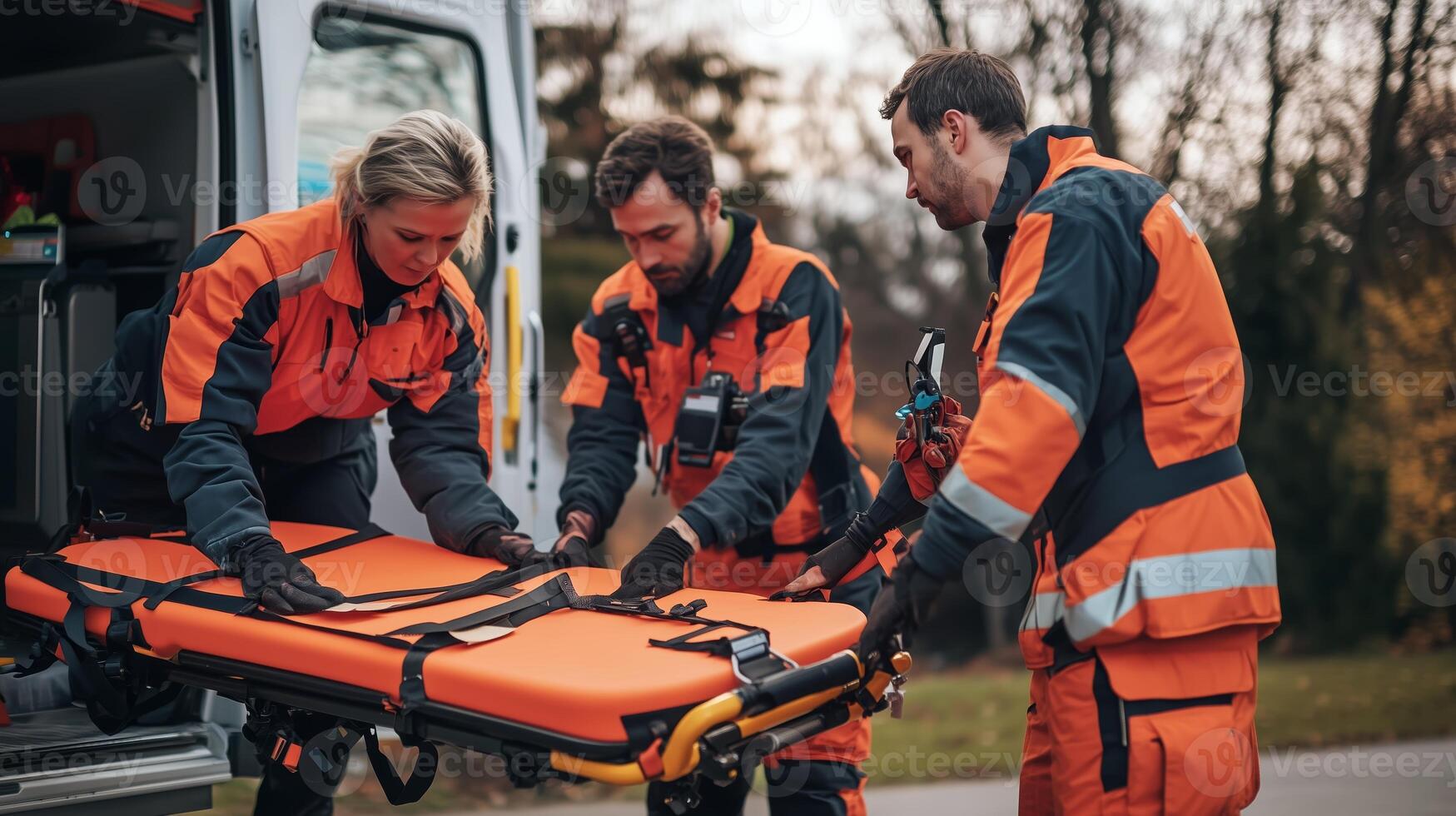 Emergency medical team transporting patient stretcher during outdoor operation in evening light photo