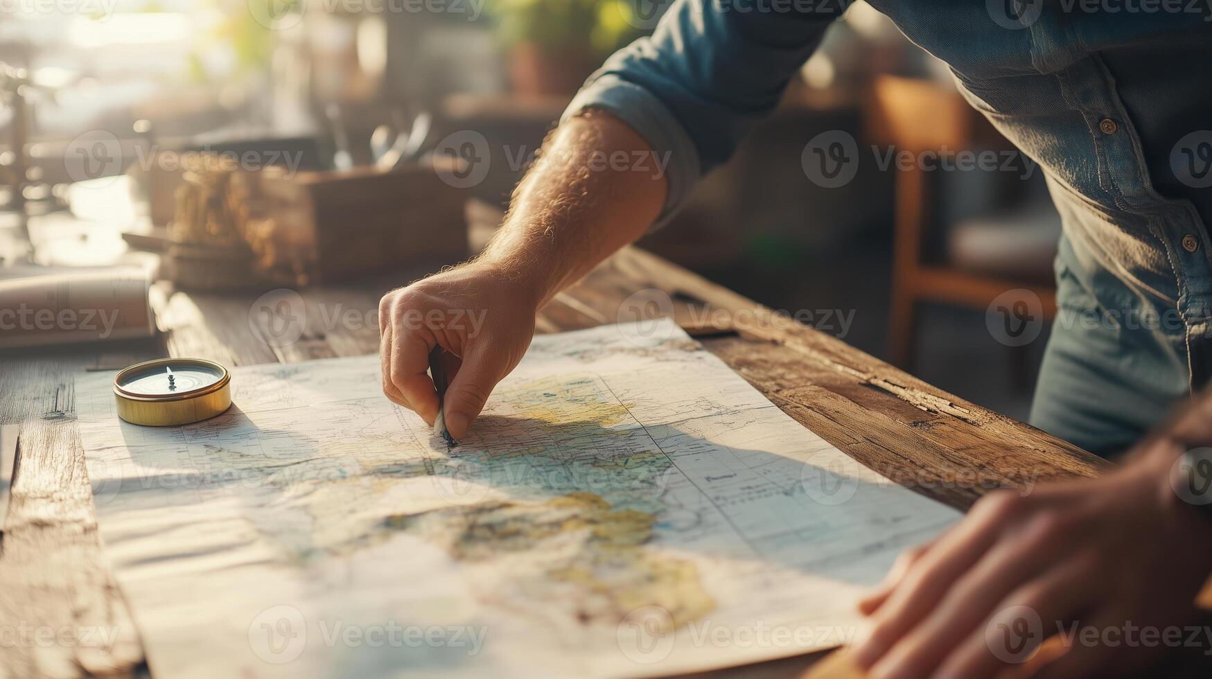 Exploring journey plans through map exploration in a cozy workspace during daylight photo
