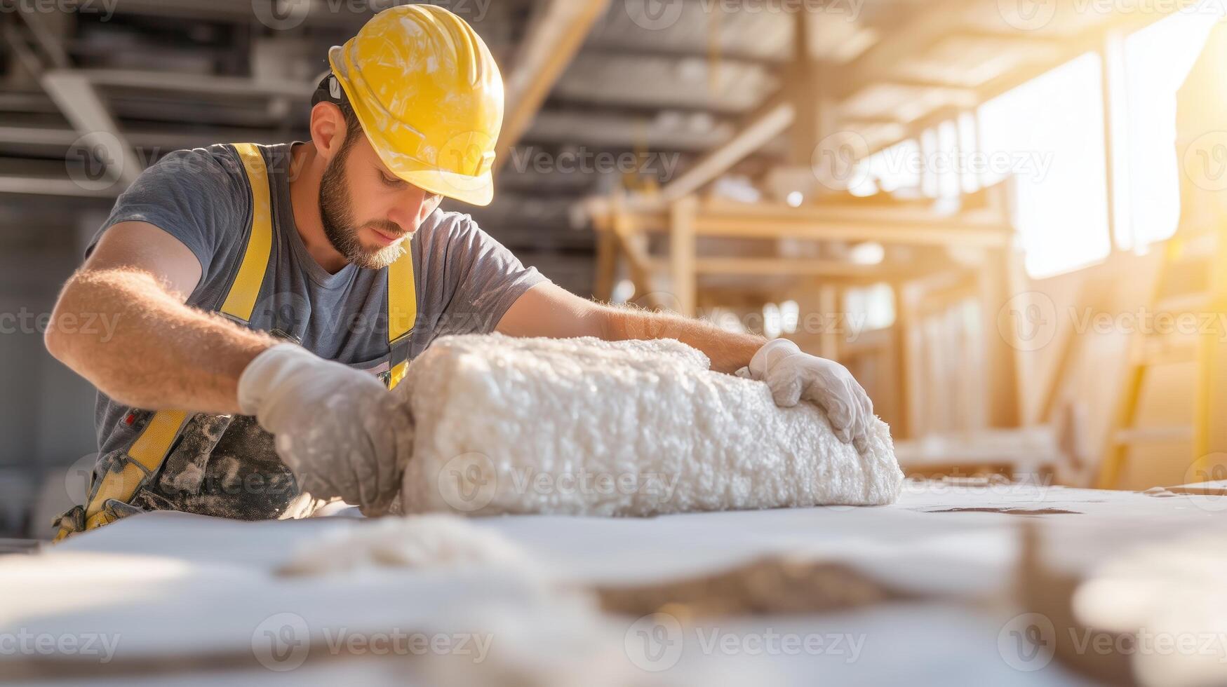 Construction worker installs insulation in a building during golden hour with warm light streaming in photo