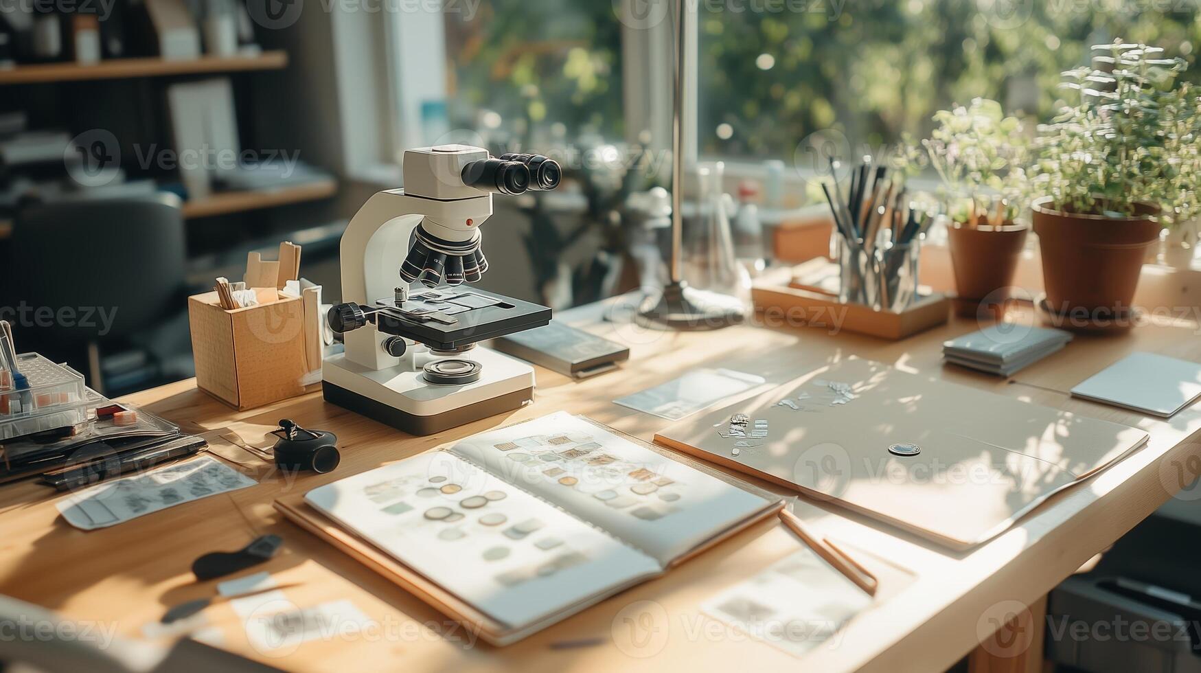 Microscope placed on a desk surrounded by research materials in a bright workspace photo