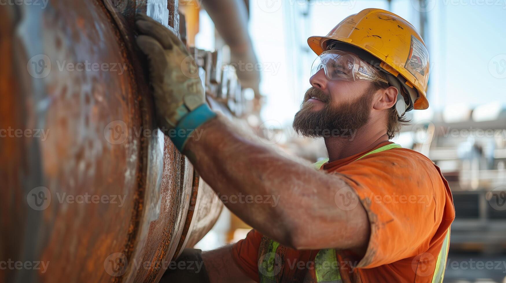 Skilled worker performing maintenance on industrial equipment at a construction site during the day photo