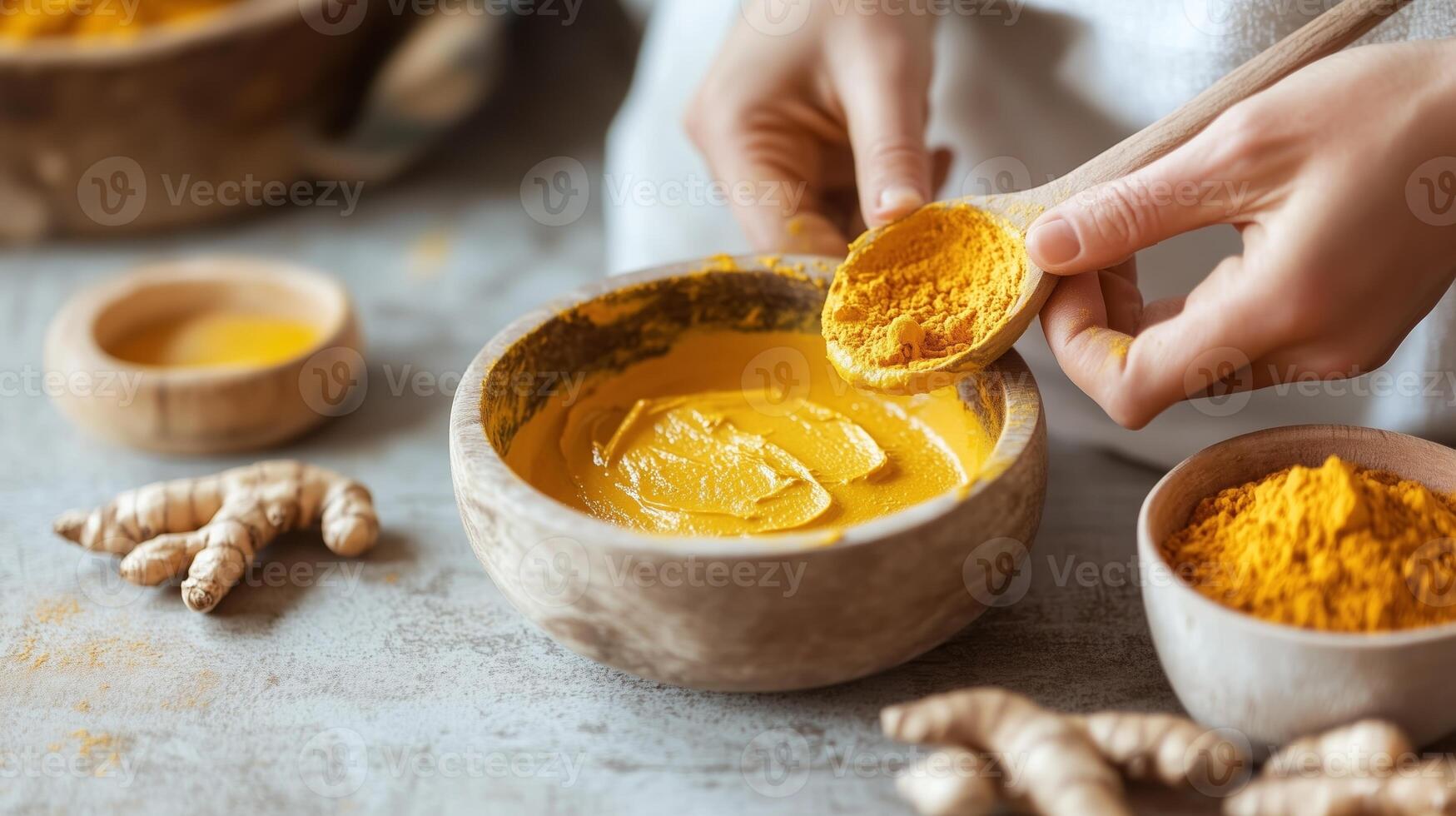 Bright orange turmeric powder being measured from a wooden bowl in a kitchen setting during daylight photo