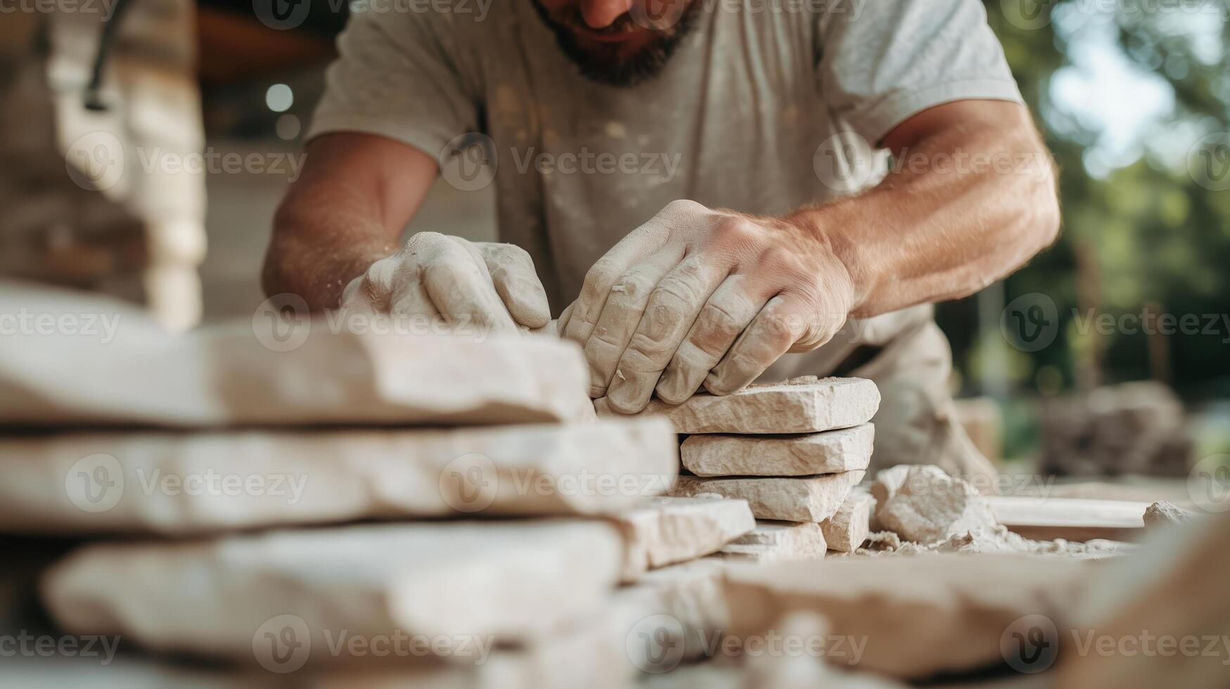 Skilled artisan shaping stone blocks during daylight in a quiet outdoor workshop near lush greenery photo