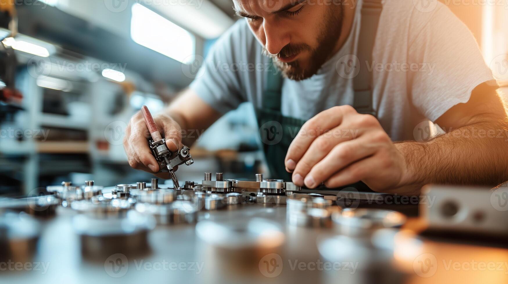 Skilled technician working on precision parts in a busy workshop during daylight hours photo
