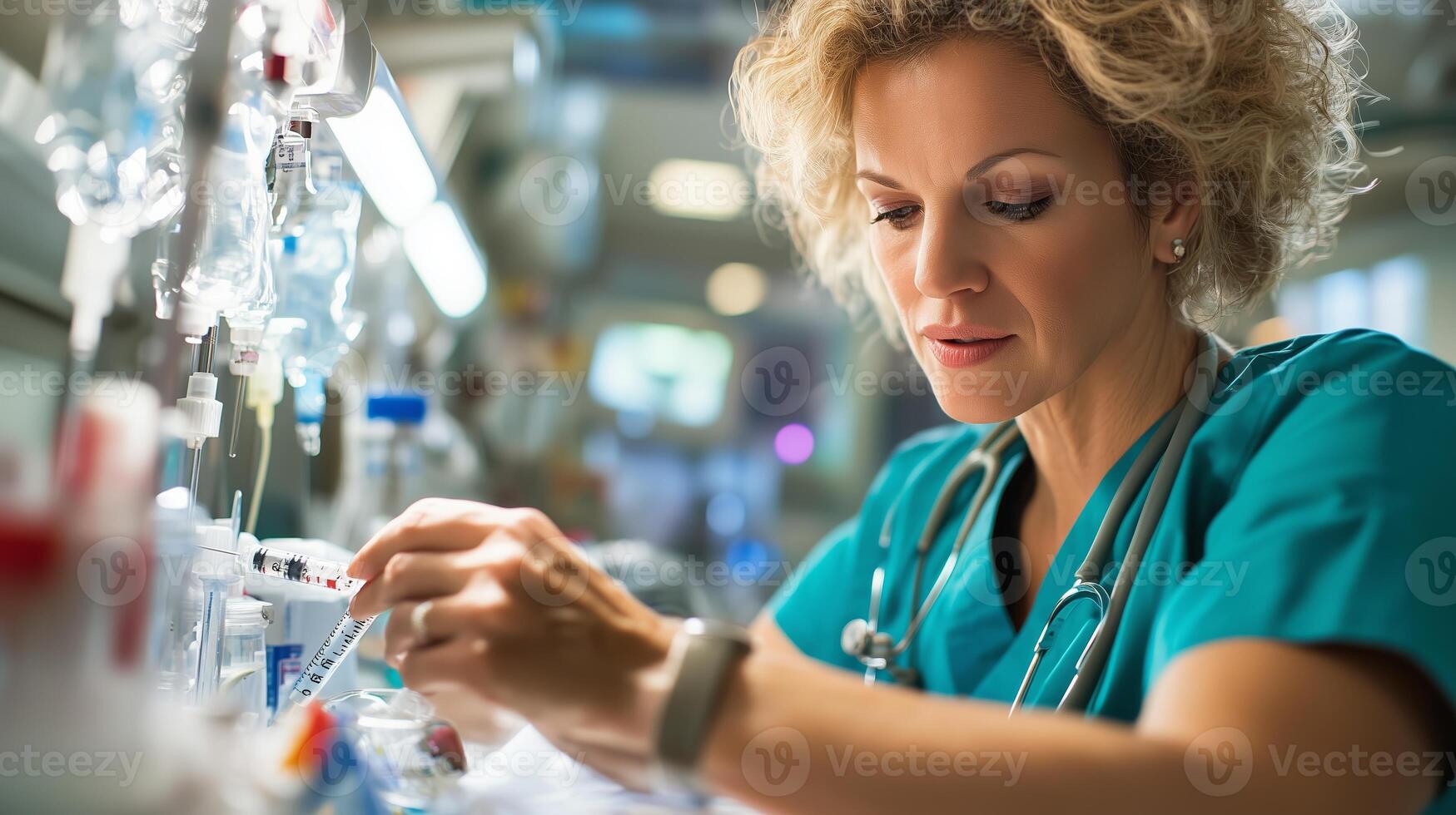Nurse prepares medication in a busy hospital ward during the afternoon shift while ensuring patient safety photo