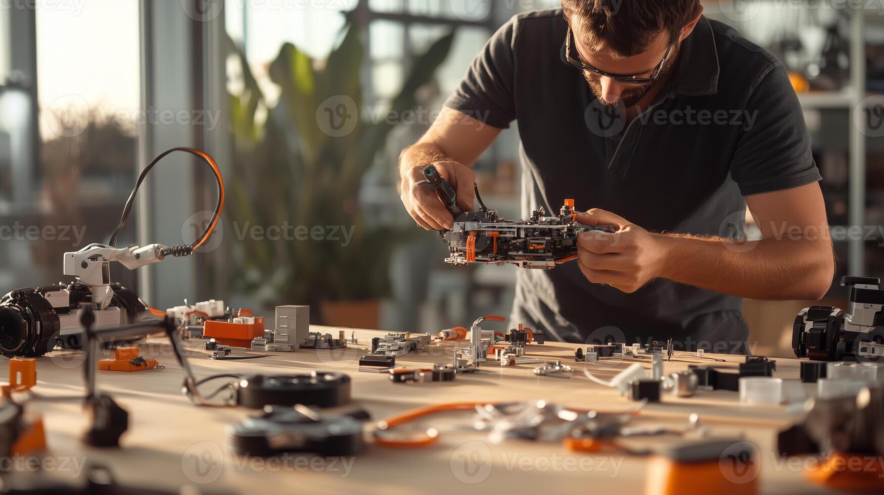 Man working on assembling electronic components in a well-lit workshop with tools and equipment on the table photo