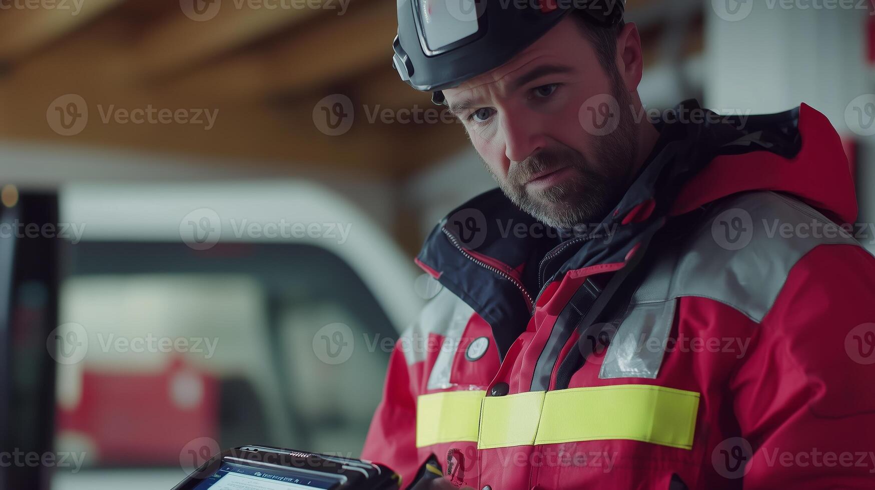 Worker in bright red jacket assesses data on tablet inside industrial facility during day photo