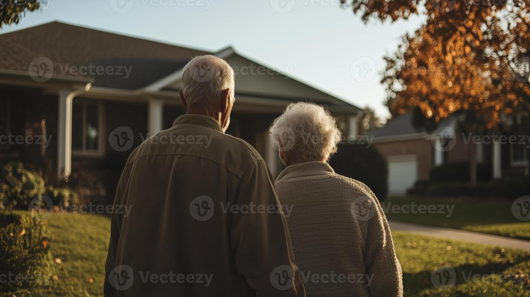 Elderly couple strolls hand in hand on a sunny afternoon outside their home in a peaceful neighborhood photo