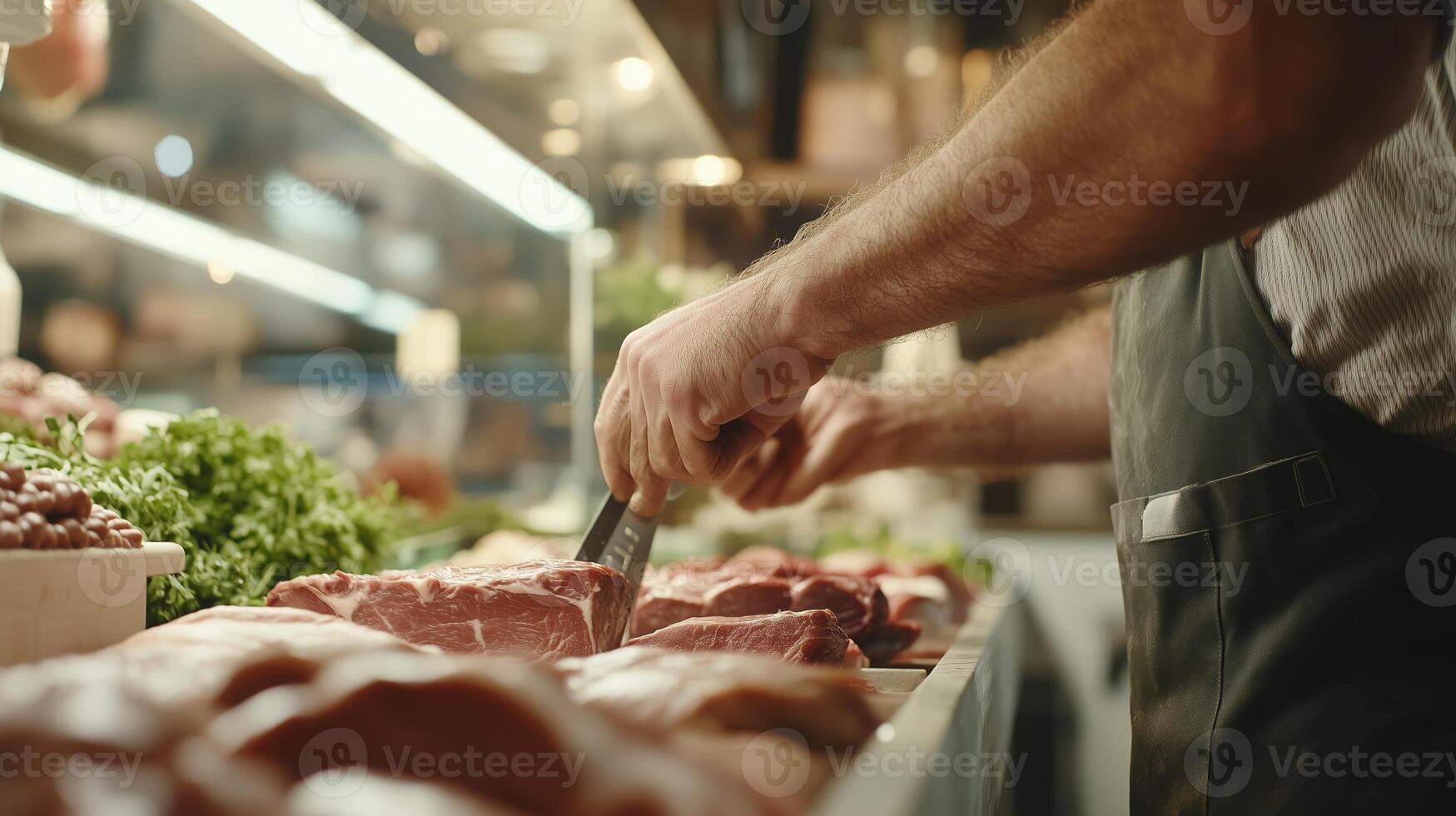 Butcher skillfully preparing fresh meat in a bustling market setting during the early morning hours photo