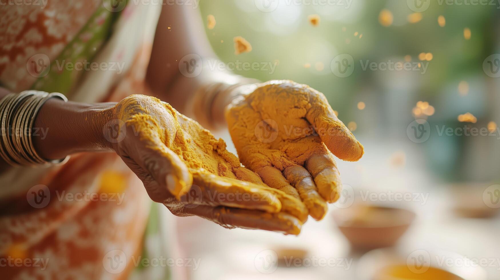 Hands mixing traditional spices in a vibrant outdoor setting during a cultural celebration in the late afternoon photo
