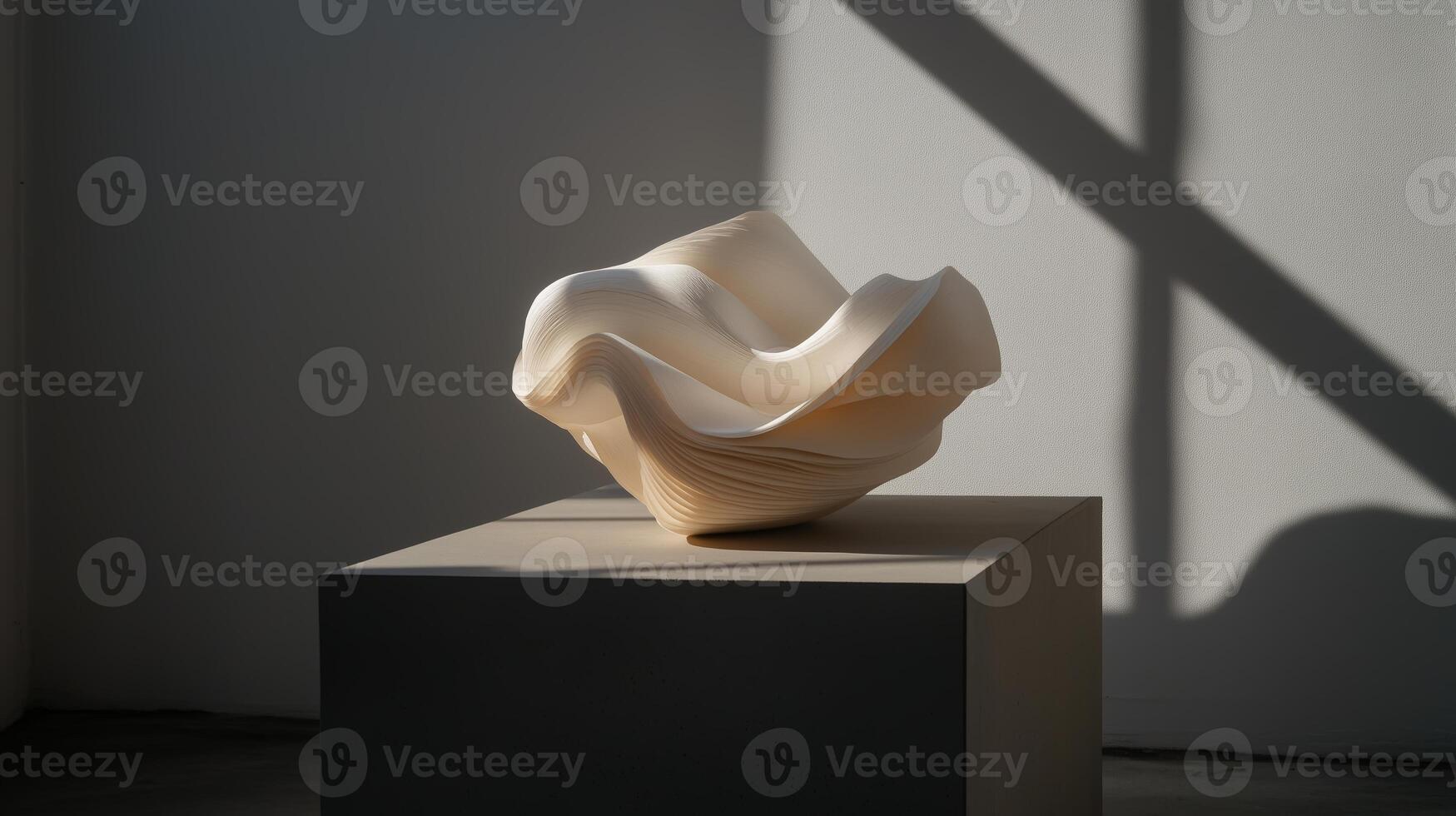 Modern art sculpture highlights intricate design in soft light within an art gallery setting photo